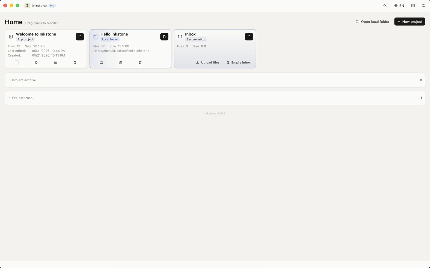 Inkstone home screen with project cards